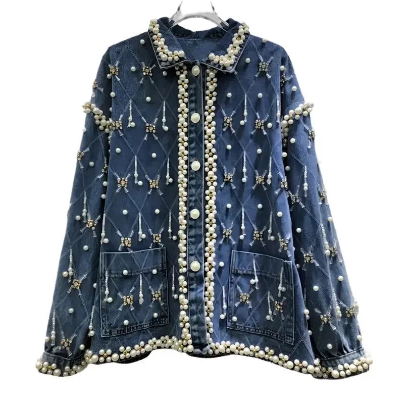 Trendy Women’s Denim Jacket – Loose Fit with Diamonds & Pearl Embellishments - HalleBeauty